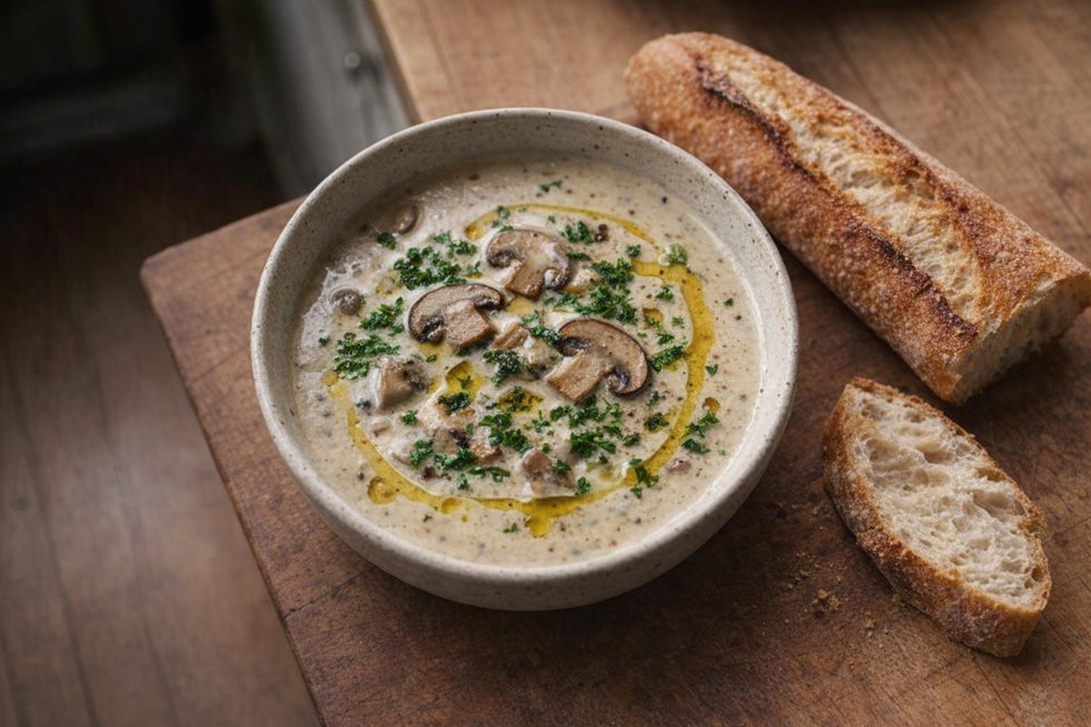 A top-down, softly lit shot of a bowl of creamy mushroom soup, garnished with fresh parsley and a drizzle of truffle oil, served with a crusty baguette on the side